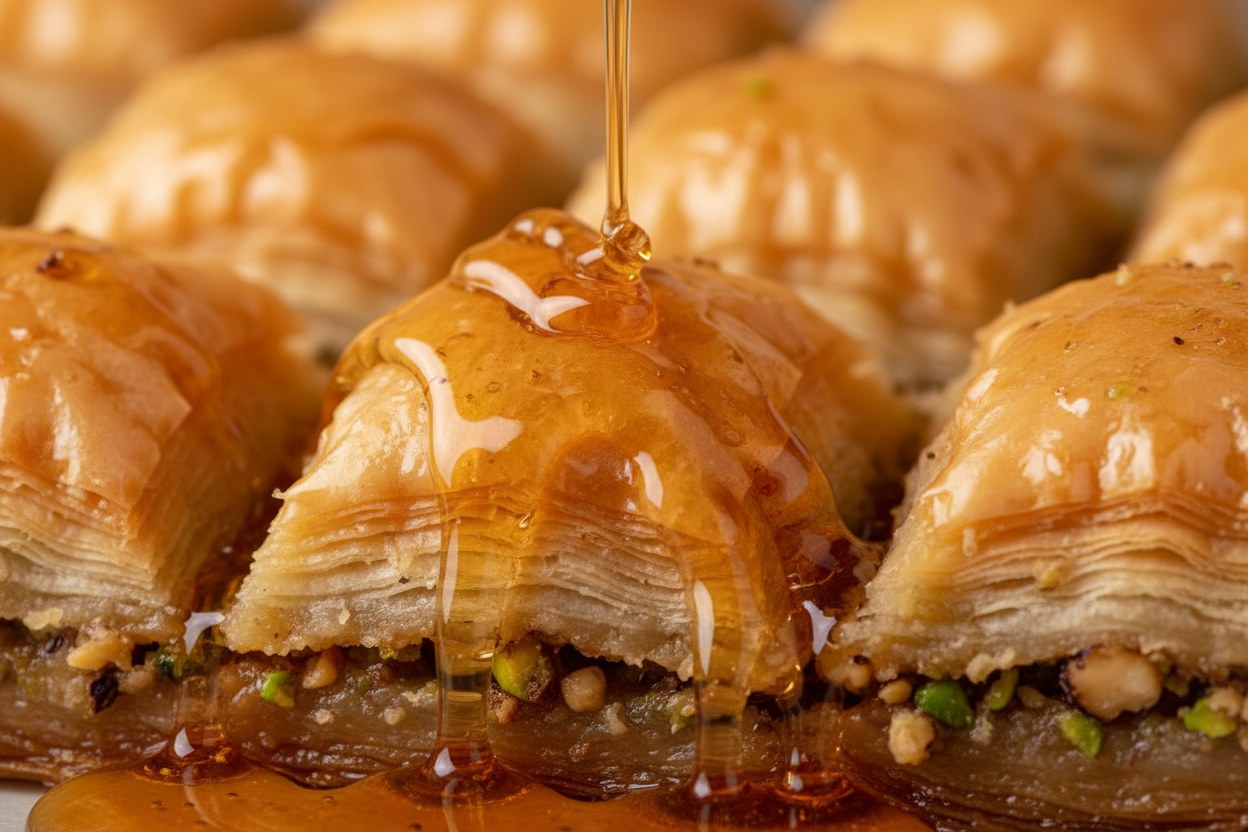 Bakır kazandan sıcak baklava üzerine dökülen altın rengi şurup