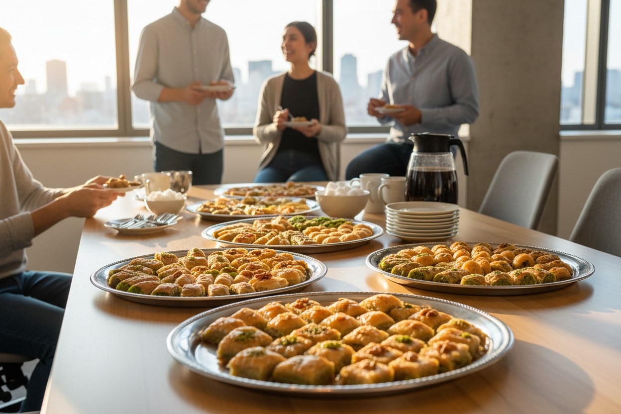 Ofis molası için kutuda dilimlenmiş baklava